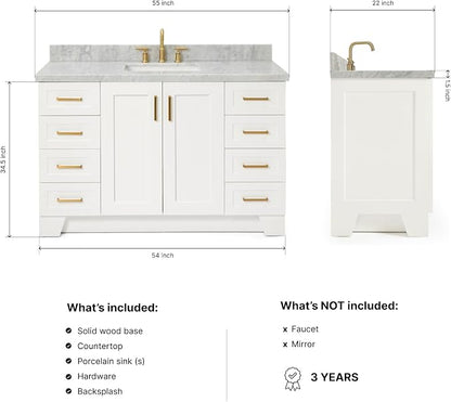 DKB Emilia 54-Inch White Bathroom Vanity with 1.5-Inch Edge Italian Carrara Marble Countertop & Splash, Rectangular Sink, 2 Soft Closing Doors, 9 Full Extension Dovetail Drawers, Satin Brass