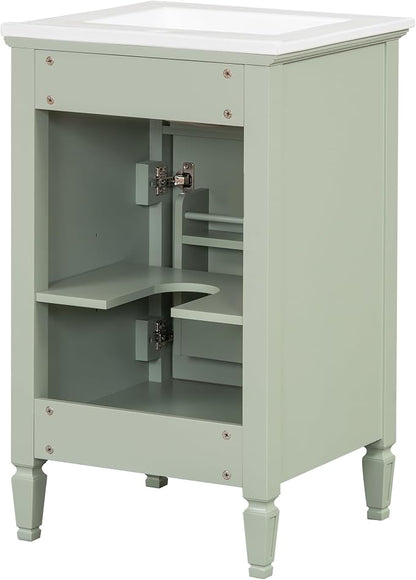 GDFStudio Hawthorne 20" Modern Bathroom Vanity with Sink, Freestanding Bathroom Vanity Organizer with Tilt Out Drawer, Adjustable Shelf and Solid Wood Legs, Single Sink Bathroom Vanity, Green