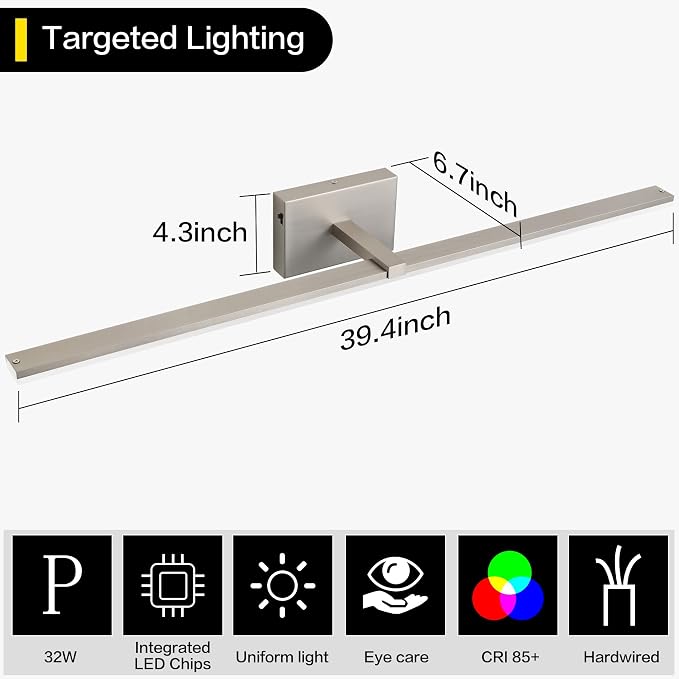 40 Inch Modern Vanity Light for Bathroom Brushed Nickel Over Cabinet Arm Extra Wide LED Bar 6000K Daylight