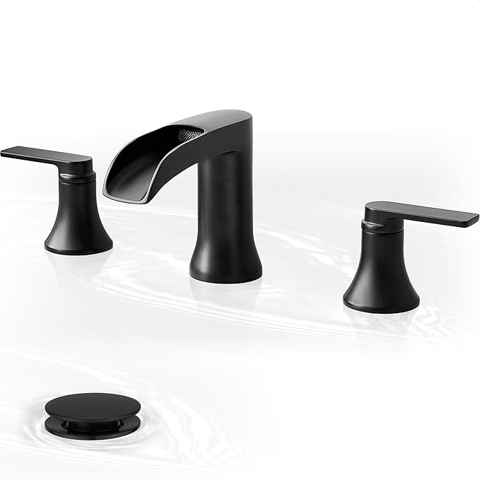 Waterfall Bathroom Sink Faucet, Brass Black Bathroom Faucet, 4-8 Inch 2 Handles Widespread Bathroom Faucets for Sink 3 Hole Vanity Lavatory Farmhouse RV with Pop Up Drain and Supply Hose
