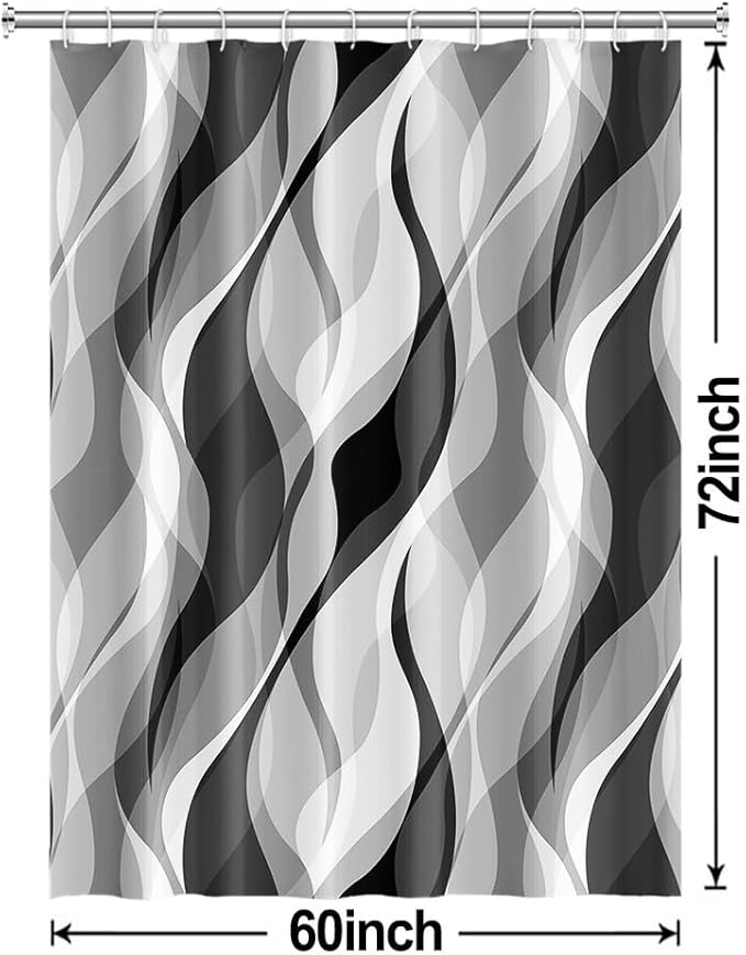 Grey Shower Curtain, Modern Abstract Black and Grey Striped Shower Curtain Set for Bathroom Waterproof White Gray Shower Curtain with Hooks, 60x72 Inch