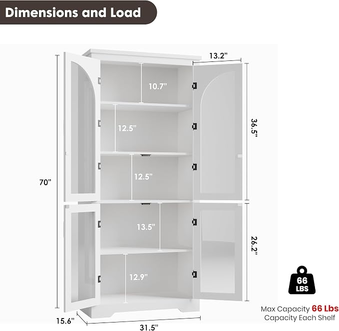 Garvee 70" Tall Kitchen Pantry Cabinet with 4 Arched Glass Doors, White | Modern Display Cabinet with Adjustable Shelves, Versatile Cupboard Organizers for Kitchen, Dining Room, Living Room, Bathroom