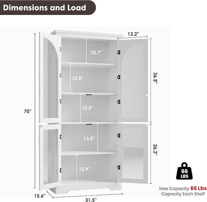 Garvee 70" Tall Kitchen Pantry Cabinet with 4 Arched Glass Doors, White | Modern Display Cabinet with Adjustable Shelves, Versatile Cupboard Organizers for Kitchen, Dining Room, Living Room, Bathroom