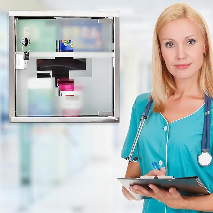 Locking Stainless Steel Medicine Cabinet, 2 Tier Wall Mounted Storage Cabinet, Durable Stainless Steel, Surface or Flush Mount, Ideal for Home, Office or First Aid, 11.8 in. x 4.7 in. x 11.8 in