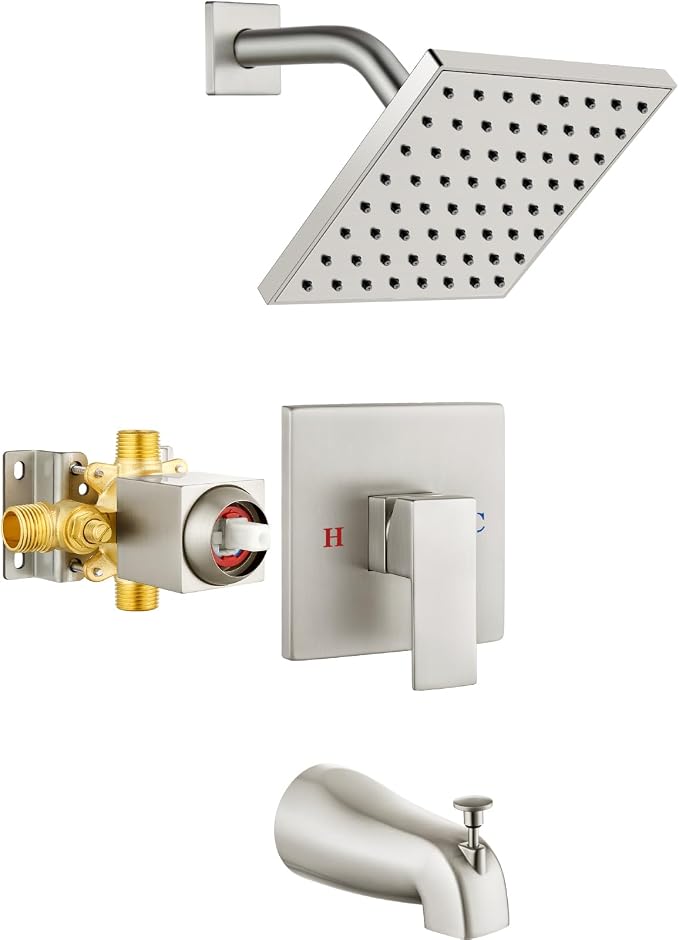 Heyalan 6 Inch Shower Faucet Set with Tub Spout and Valve,Brushed Nickel | 6-inch square rainfall head, tub spout with diverter, male-thread rough-in valve, single-handle control and wall-mount design