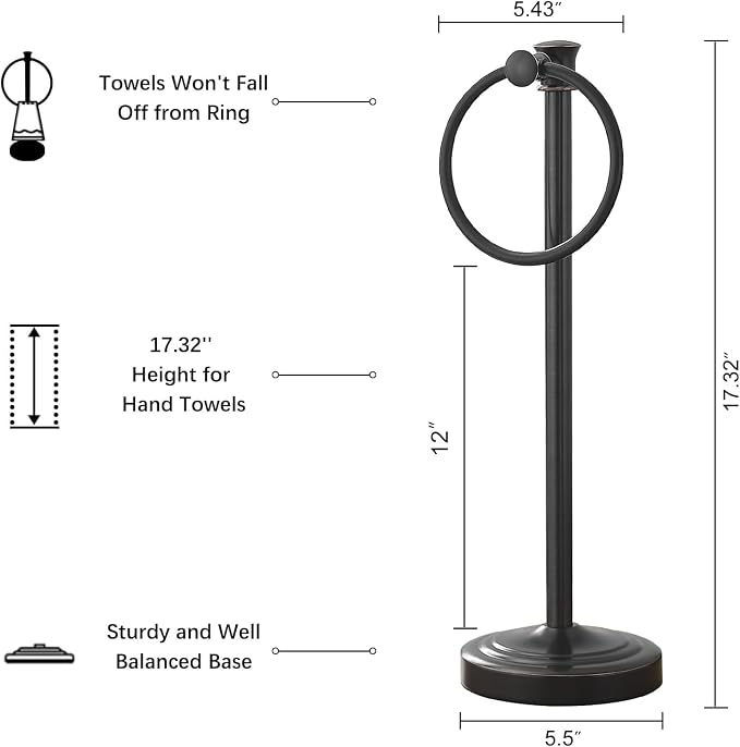 Hoimpro Hand Towel Holder Free Standing Towel Bar Oil Rubbed Bronze | Hanging Floor Hand Towel Rack Ring, for Bathroom Kitchen Vanity Countertops, Hardware Accessories SUS 304 Heavy-Duty Base