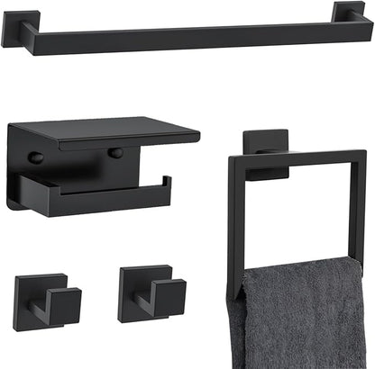 5 Pieces Black Towel Bar Set Bathroom Hardware Accessories Set Upgraded Toilet Paper Holder with Shelf Towel Holder Set for Bathroom Stainless Steel Wall Mounted