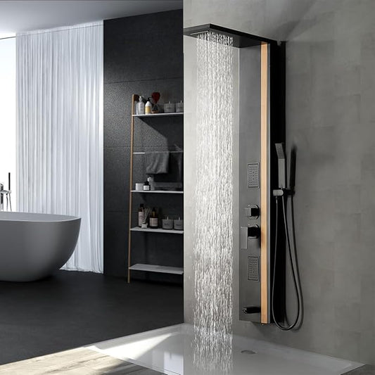 Shower Wall Panels Bathroom Shower Panel Tower System Multifunction Bamboo Wood and Stainless Steel Body Spray Jets Rainfall Waterfall Head with Handheld Wand and Tub Spout Wall Mount
