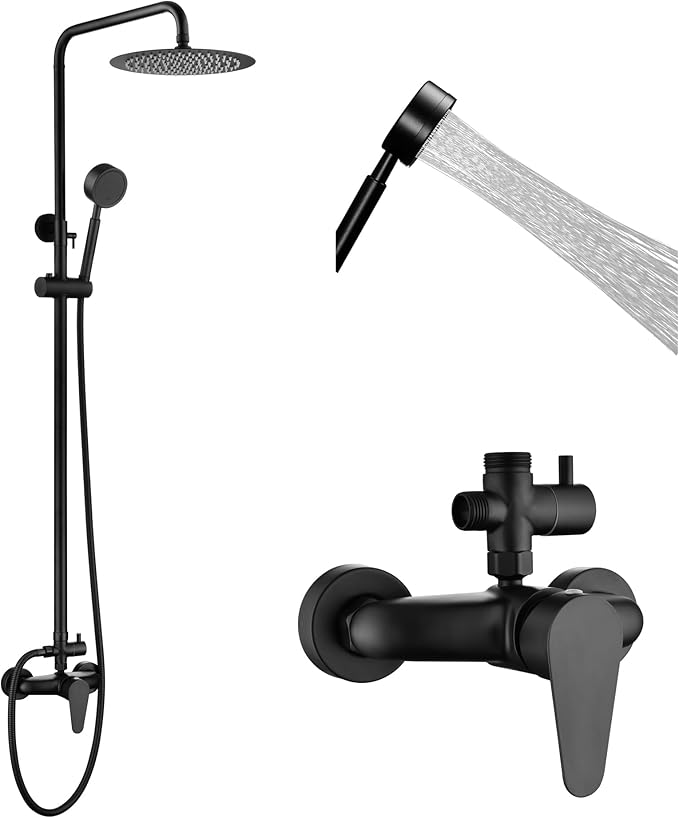 Generic MZ-0001H Matte Black Outdoor Shower Kit - Shower Head, Handheld Shower, Faucets, Valve - Wall Mount - 2 Handles - Stainless Steel - High Pressure, Water-Saving, Adjustable Settings