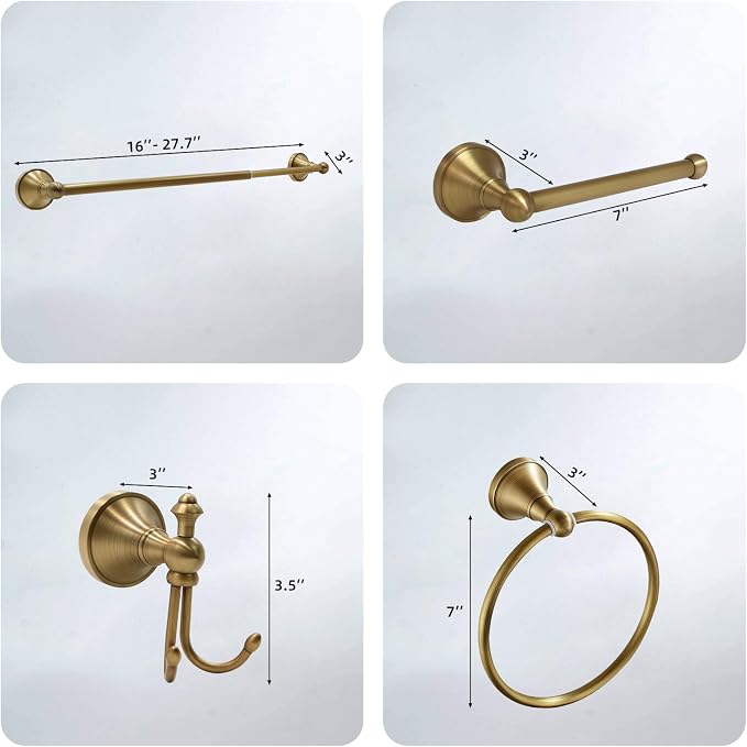 4 Piece Antique Brass Gold Bathroom Towel Bar Set - Toocust 16"-27.7" Adjustable Towel Bar for Bathroom, Wall Mounted Antique Brass Bathroom Hardware, Brushed Brass Towel Holder