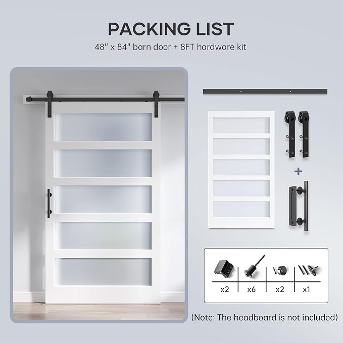 48x84 Inch Glass Sliding Barn Door Slab and 8ft Hardware Kit Included, 5 Frosted Glass, LVL Wood Panel Covered with White Water-Proof Scratch-Proof PVC Surface, Simple DIY Assembly