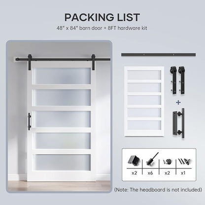 48x84 Inch Glass Sliding Barn Door Slab and 8ft Hardware Kit Included, 5 Frosted Glass, LVL Wood Panel Covered with White Water-Proof Scratch-Proof PVC Surface, Simple DIY Assembly