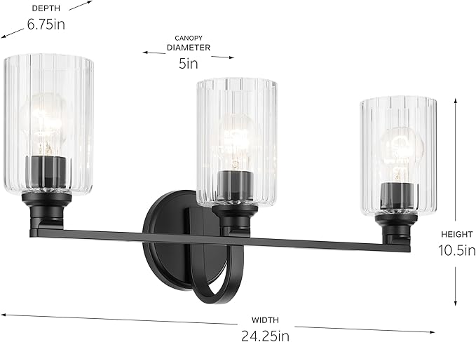 Kichler Gioe 24.25" 3-Light Vanity Light with Clear Fluted Glass in Black, Damp Rated, for Bathroom, Powder Room, Over a Mirror, (24.25" W x 10.5" H), 55226BKFLU