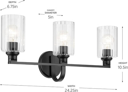 Kichler Gioe 24.25" 3-Light Vanity Light with Clear Fluted Glass in Black, Damp Rated, for Bathroom, Powder Room, Over a Mirror, (24.25" W x 10.5" H), 55226BKFLU