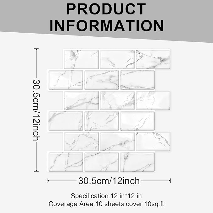 10 Sheets Thicker Design Peel and Stick Backsplash, 12"x12" Peel and Stick Wall Tiles, Subway Look Marble Tiles Backsplash for Kitchen and Bathroom, Calacatta White