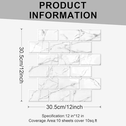 10 Sheets Thicker Design Peel and Stick Backsplash, 12"x12" Peel and Stick Wall Tiles, Subway Look Marble Tiles Backsplash for Kitchen and Bathroom, Calacatta White