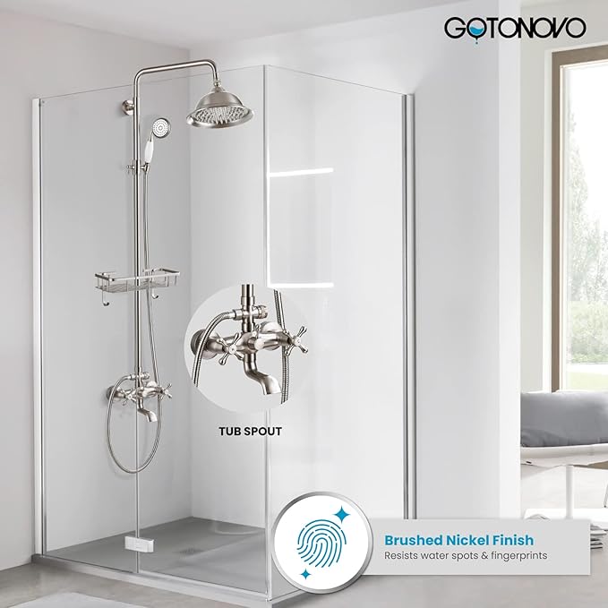 gotonovo Bathroom Exposed Shower Faucet Outdoor Shower System 8 Inch Rainfall Shower Head Set with Tub Spout and Handheld Spray Double Cross Handles Wall Mount with Shower Shelf Brushed Nickel