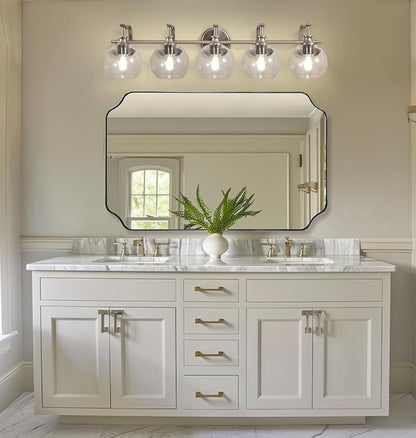 5-Light Brushed Nickel Bathroom Light Fixture, 35" Large Wall Sconce, Glass Globe Design, Perfect for Large Bathrooms, Double Vanities, Elegant Linear Design