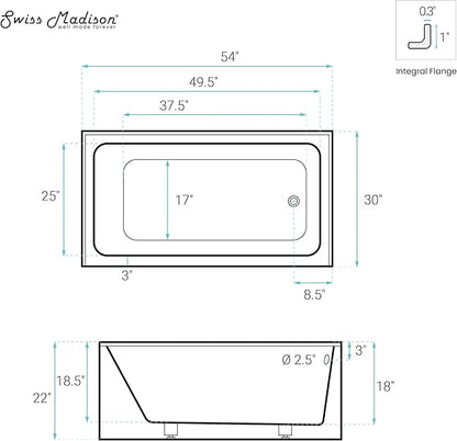 Voltaire 54 x 30 Skirted Right Drain Soaking Alcove Bathtub in Glossy White