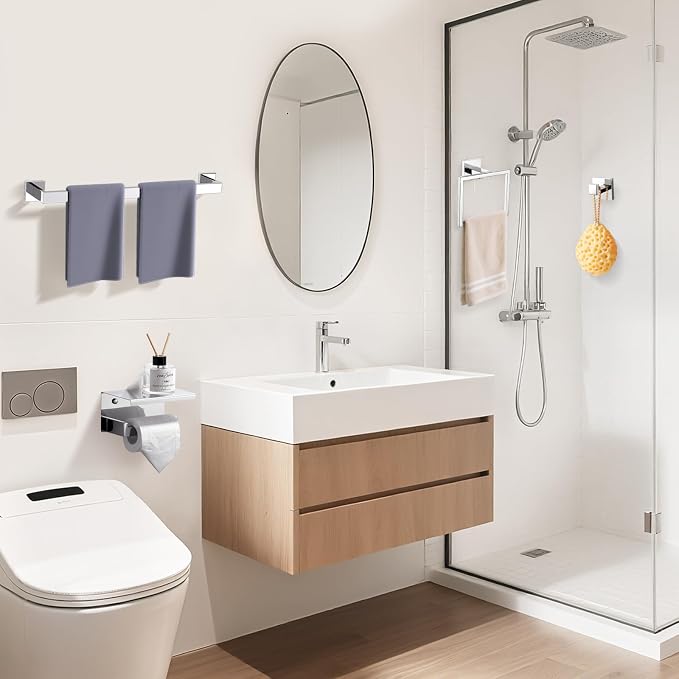 TURS Bathroom Hardware Set Chrome 4-Piece Towel Bar Set Include 24 Inch Towel Bar Towel Ring Towel Hook Toilet Paper Holder with Shelf Wall Mounted.