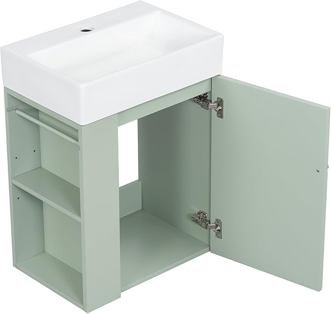 20" Floating Bathroom Vanity with Sink, Soft Closing Door,and Storage Shelves, Solid Wood Frame & MDF Modern Single Small Bathroom Vanity Cabinet with Open Shelf,Wall Mounted (Green)
