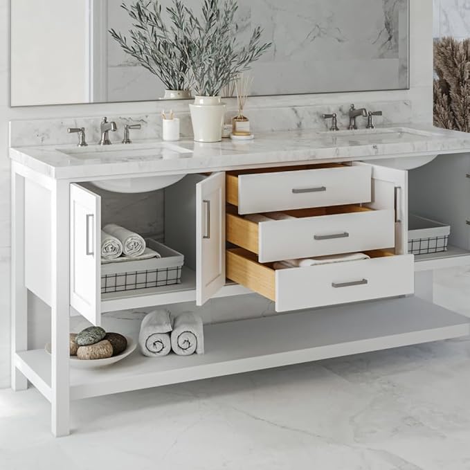 ARIEL Magnolia 72-inch Bathroom Vanity with Sink,Solid Wood, 1.5-inch Italian Carrara Marble Countertop, Double Rectangular Porcelain Sink, 4 Soft Closing Doors, 3 Dovetail Drawers, White