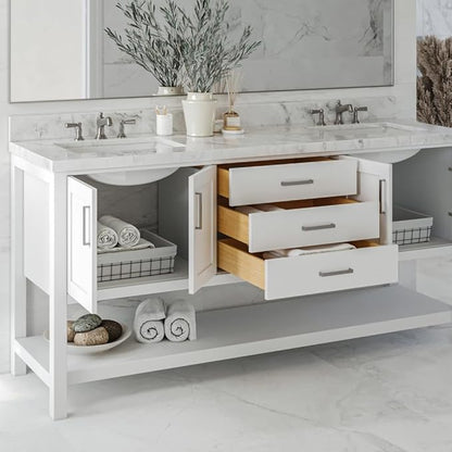 ARIEL Magnolia 72-inch Bathroom Vanity with Sink,Solid Wood, 1.5-inch Italian Carrara Marble Countertop, Double Rectangular Porcelain Sink, 4 Soft Closing Doors, 3 Dovetail Drawers, White