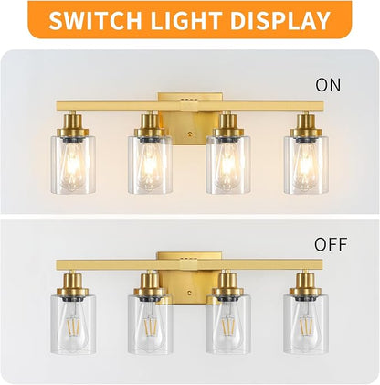 Bathroom Vanity Light, 4-Light Modern Matte Gold Wall Sconce Lighting with Clear Glass Shade, Black Wall Lights,Bath Vintage Wall Mounted Lamps for Mirror Bedroom Living Room