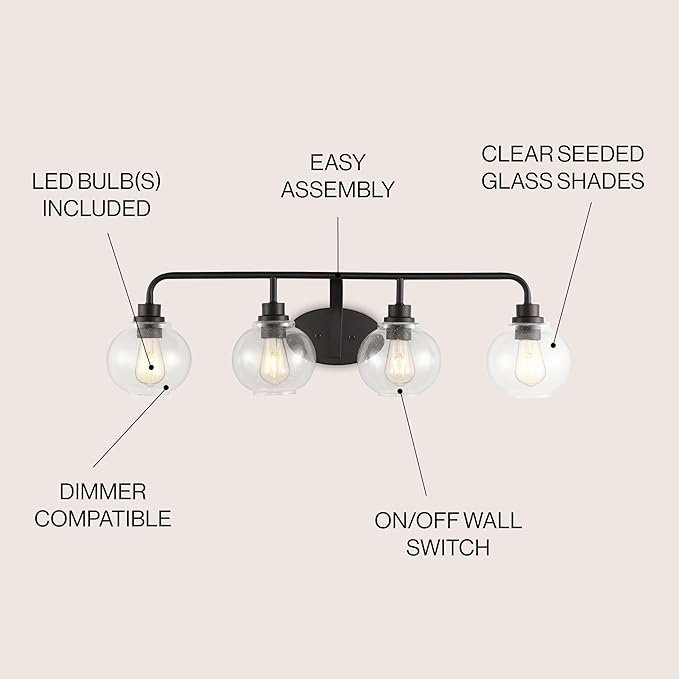 JONATHAN Y 36" Oil Rubbed Bronze Farmhouse LED Vanity Light Wall Sconce for Bathroom, Clear Seeded Glass Shade, Industrial Iron Indoor Fixture, LED Bulb Included (JYL7529A)