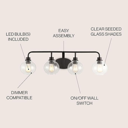 JONATHAN Y 36" Oil Rubbed Bronze Farmhouse LED Vanity Light Wall Sconce for Bathroom, Clear Seeded Glass Shade, Industrial Iron Indoor Fixture, LED Bulb Included (JYL7529A)