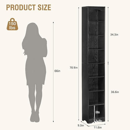 VECELO Curved Top Narrow Tall Bookshelf, 6 Adjustable Movable Shelves, Wood Space Saving Corner Storage Organizer, Sleek Black