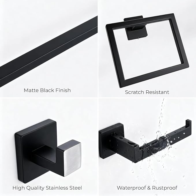 5 Piece Bathroom Hardware Set Matte Black, 23.6 Inch Bathroom Towel Bar Set | Stainless Steel Towel Racks for Bathroom Wall Mounted, with 304 Stainless Steel Screws & Hex Screwdriver, Rustproof