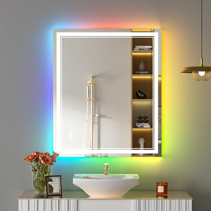 30x36 Inch RGB LED Bathroom Mirror with Lights | Front and RGB Backlit, Dimmable, Memory, Anti Fog, Shatterproof, Horizontal/Vertical, Lighted Mirrors for Bathroom Wall