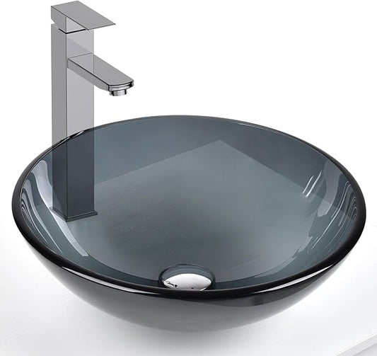 Bathroom Vessel Sink, Tempered Glass Vanity Round Bowl with Chrome Faucet and Pop up drain Set, Bluish Grey