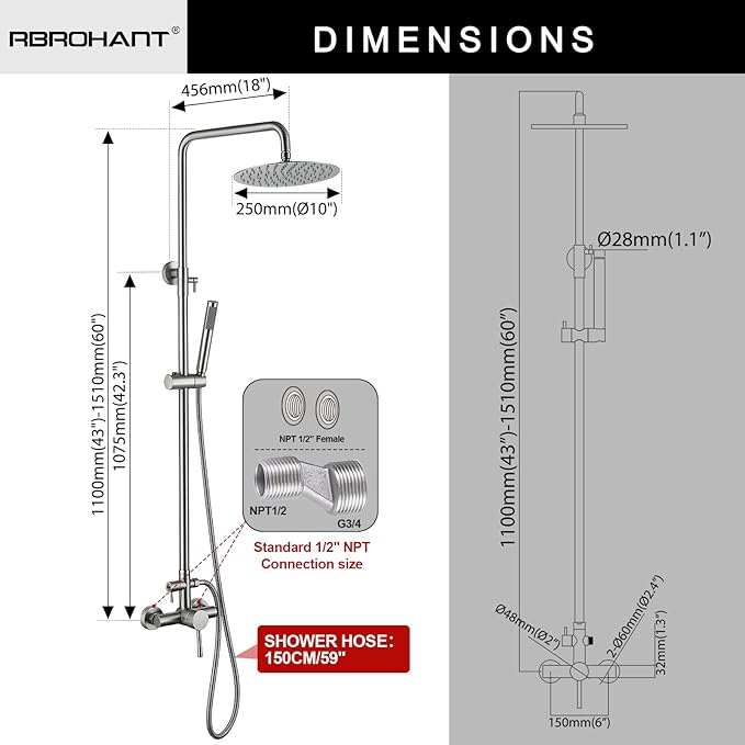 RBROHANT Outdoor Shower, Wall Mount Outdoor Shower Kit, Outside Shower Faucet with Height Adjustable Rain Shower Head and Handheld, Exposed Shower System for Pool, Wall Mounted, Brushed Nickel, JK0290