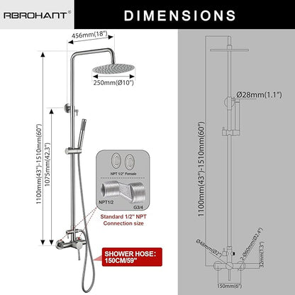 RBROHANT Outdoor Shower, Wall Mount Outdoor Shower Kit, Outside Shower Faucet with Height Adjustable Rain Shower Head and Handheld, Exposed Shower System for Pool, Wall Mounted, Brushed Nickel, JK0290