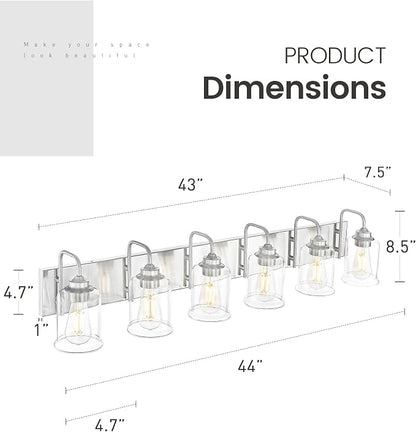 zeyu 44-Inch 6-Light Modern Bathroom Light with Clear Glass, ZSL72B-6W BN | Brushed Nickel Vanity Lighting, Up Or Down Mount, ETL Listed, 6 E26 Bulbs Up To 60W Each, For Bathroom Mirror, Bedroom