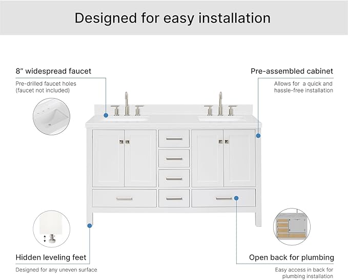ARIEL Cambridge 60-inch Bathroom Vanity with Sink,Solid Wood, 1.5-inch Carrara White Quartz Countertop, Double Rectangular Porcelain Sink, 4 Soft Closing Doors, 6 Dovetail Drawers, White