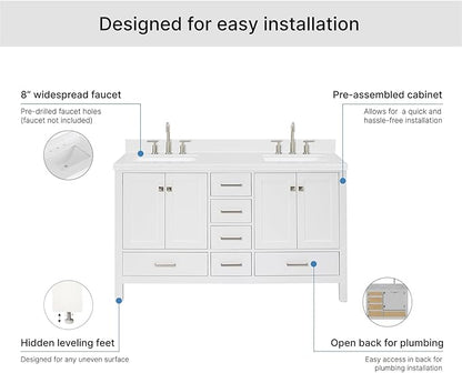 ARIEL Cambridge 60-inch Bathroom Vanity with Sink,Solid Wood, 1.5-inch Carrara White Quartz Countertop, Double Rectangular Porcelain Sink, 4 Soft Closing Doors, 6 Dovetail Drawers, White