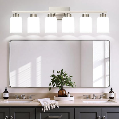 Brushed Nickel Bathroom Light Fixtures with Milk Glass Shades, Eye-Friendly 6 Light Vanity Lights for Bathroom, Vanity Lights with E26 Socket (Bulbs Not Included), for Mirror, Bedroom, Hallway