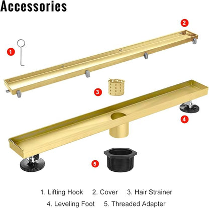 SaniteModar Linear Shower Drain 40 inch Brushed Gold with Tile Insert Panel | AISI 304 Stainless Steel Brushed Gold Linear Dain Rectangle Shower Floor Drain with Hair Strainer and Leveling Feet