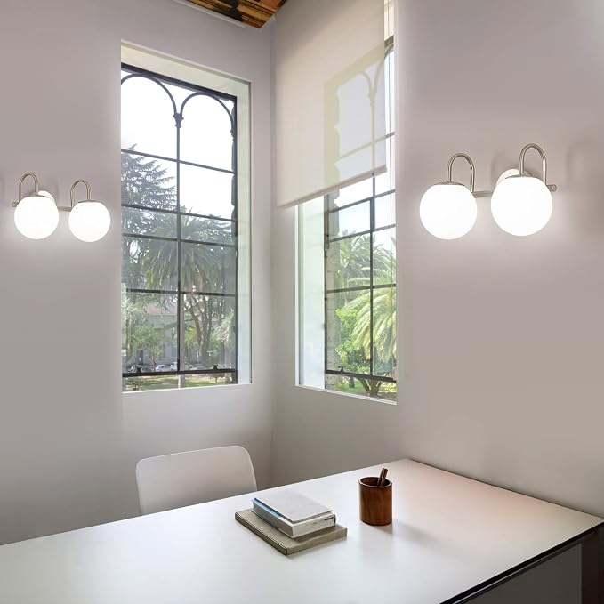 Modern Bathroom Vanity Light Fixtures Brushed Nickel 2 Lights Milk White Globe Glass Shade Modern Wall Sconce Lights Vanity Lights Over Mirror(Exclude G9 Bulb)