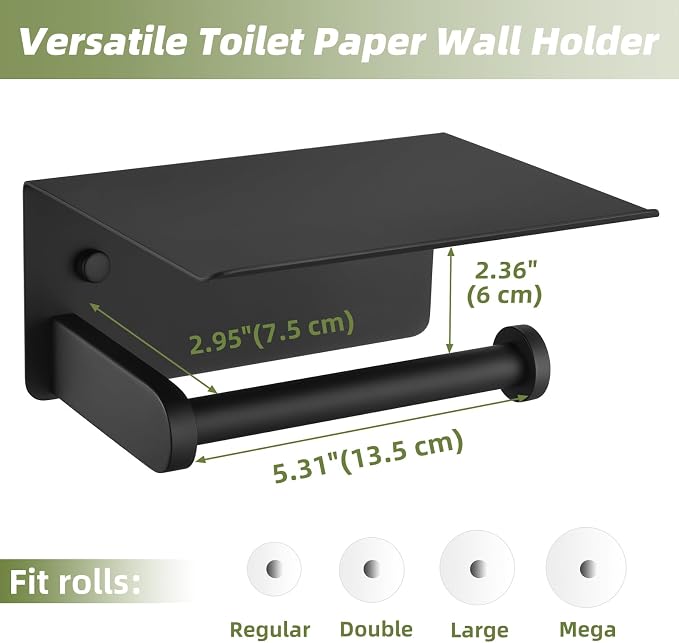 Toilet Paper Holder with Phone Shelf, Matte Black, Wall Mounted | 304 Stainless Steel, Rustproof Tissue Holder for Bathroom Restroom Powder Room, Paper Roll Dispenser, Large Phone Storage