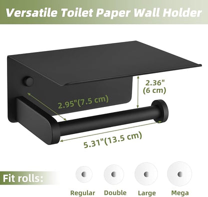 Toilet Paper Holder with Phone Shelf, Matte Black, Wall Mounted | 304 Stainless Steel, Rustproof Tissue Holder for Bathroom Restroom Powder Room, Paper Roll Dispenser, Large Phone Storage