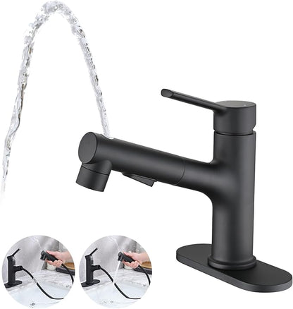 Bathroom Sink Faucet with Pull Out Sprayer, Single Handle Modern Bathroom Basin Faucet with Pop-up Sink Drain Stopper & Deck Plate 1 or 4-inch Centerset 3 Hole, Matte Black