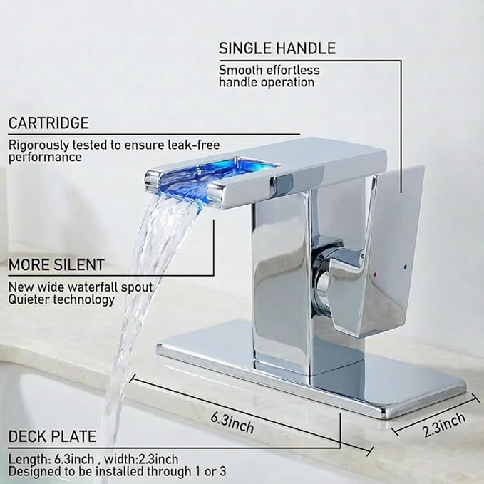 LED Bathroom Sink Faucet, Chrome Waterfall Single Hole Handle Vanity Faucets for Sinks 1 Hole with Metal Pop Up Drain and 2 Water Supply Lines, Side Handle