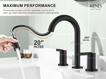 KENES Matte Black Pull Out Bathroom Faucet, 8 Inch 2 Handle Widespread Bathroom Faucet 3 Hole with Pull Down Sprayer, Bathroom Sink Faucet with Pop Up Drain & Supply Lines LJ-9068-2
