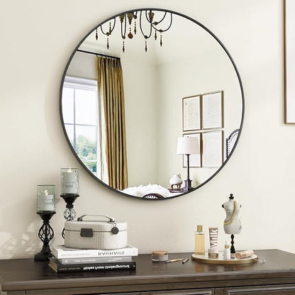 Black Round Bathroom Mirror, 20 inch Circle Wall Mounted Hanging Mirror with Simple Modern Circular Metal Frame for Hallway, Entryway, Living Room, Black Frame
