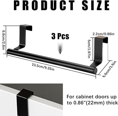 RETON 3 PCS Over Door Towel Rack, 9 Inch Stainless Steel Cabinet Towel Hanger Towel Bar Holders, Kitchen Towel Holder with Anti-Slip Pads, No Drilling (Black)