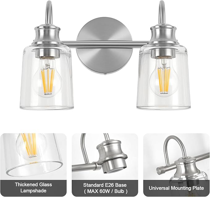 2 Lights Bathroom Light Fixtures Brushed Nickel Vanity Lights | ETL Certificate, Easy to Install,Wall Mount Up or Down,Thickened Glass Lampshade,E26 Socket,Hardwired